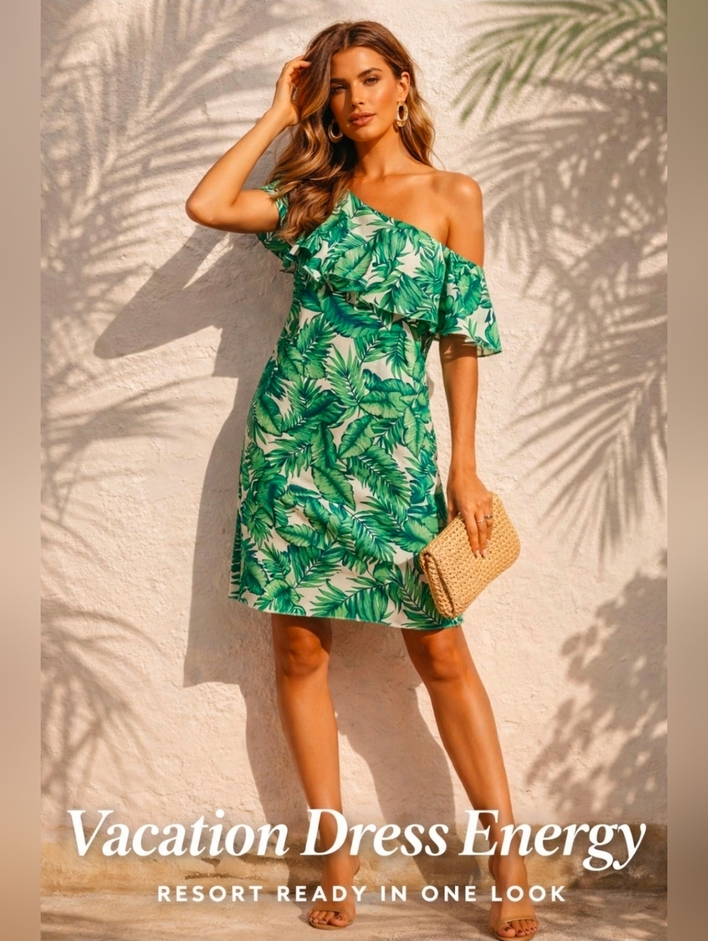Gianni Bini Green Tropical One-Shoulder Ruffle Dress